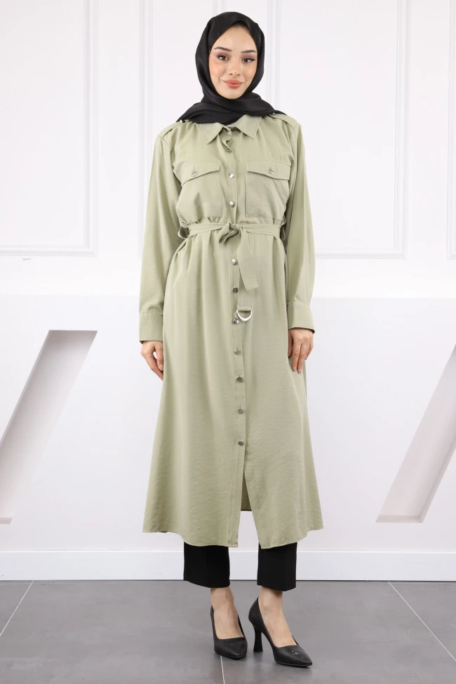 Haki Bel Kemerli Gömlek Elbise