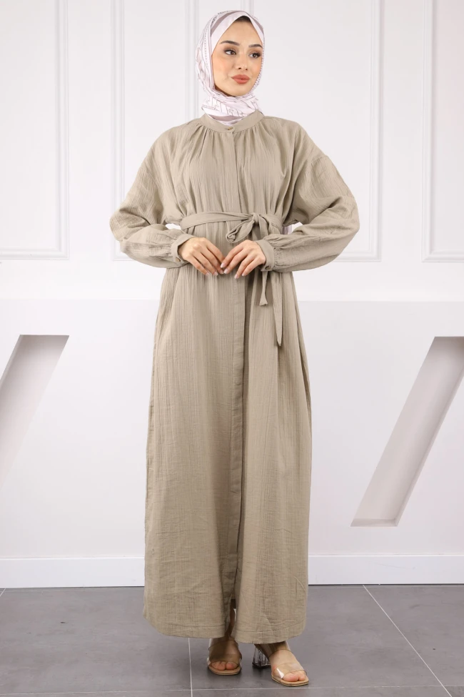 Haki Bel Kuşaklı Müslin Elbise