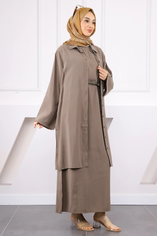 Haki Beli İpli Tunik  Elbise Kombin Takım