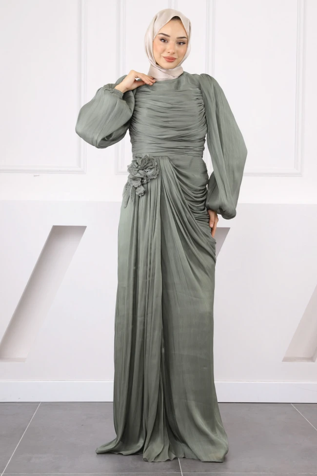 Haki Önü Drapeli Gül Detaylı Abiye