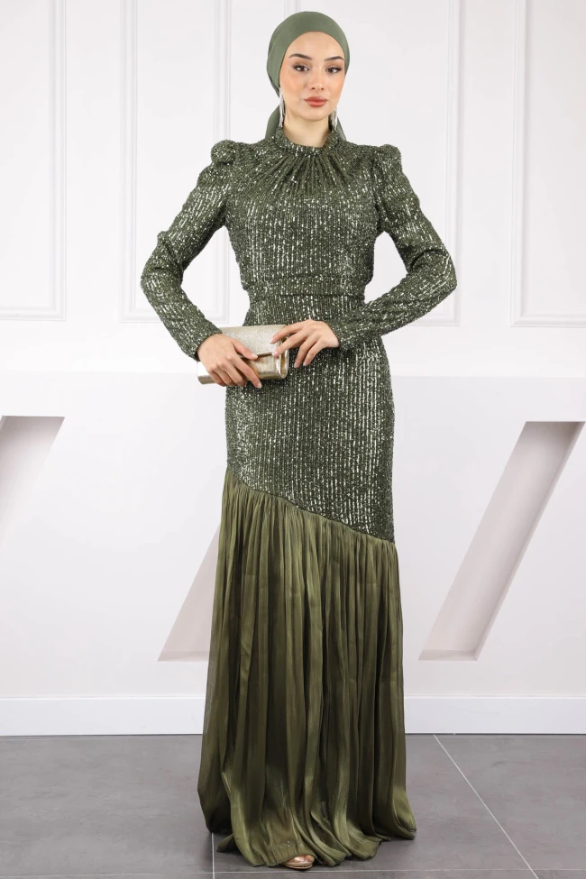 Haki Payetli Eteği Piliseli Abiye