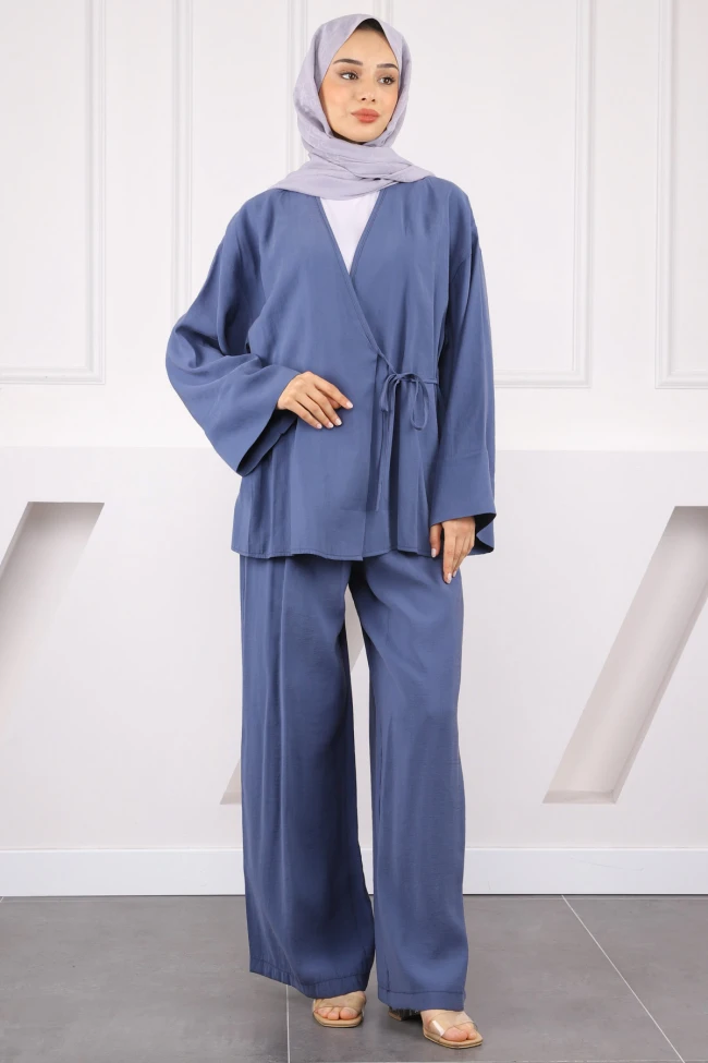 İndigo Bel Bağlamalı Modal Kimono Pantolonlu Takım