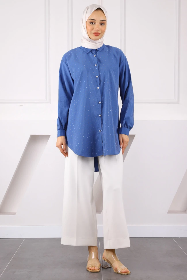 İndigo Taşlı Düğmeli Modal Gömlek