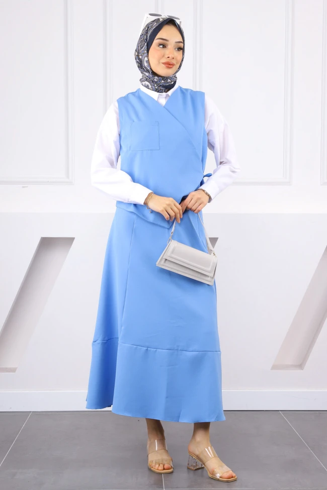 İndigo Tek Cepli Yelek Etekli Takım