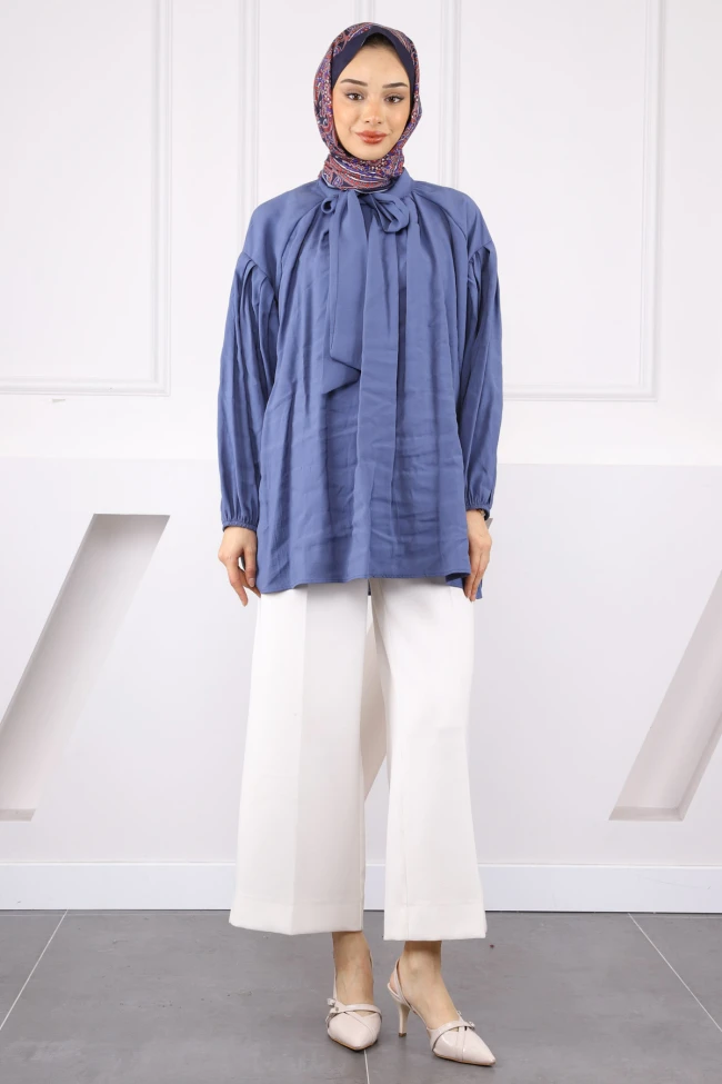 İndigo Yaka Detaylı Balon Kol Tunik