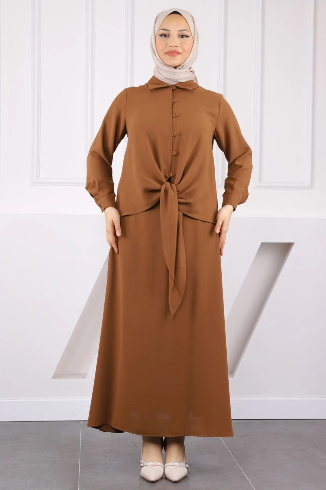 Kahve Ön Bağlamalı Gömlek Etekli Takım