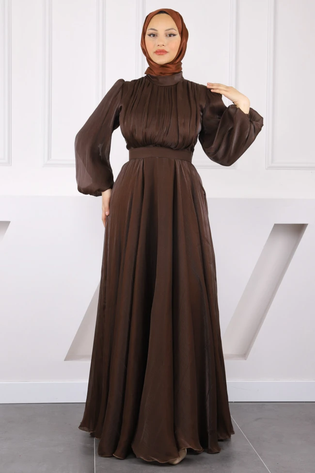 Kahverengi Balon Kol Kemerli Piliseli Abiye