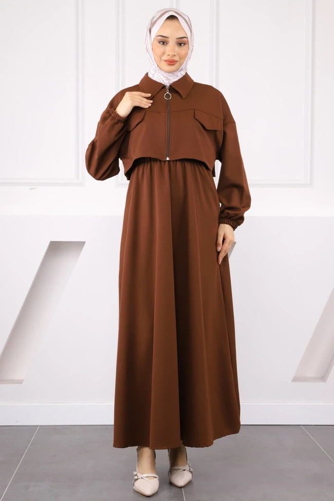 Kahverengi Ceket Kombinli Bel Lastikli Elbise