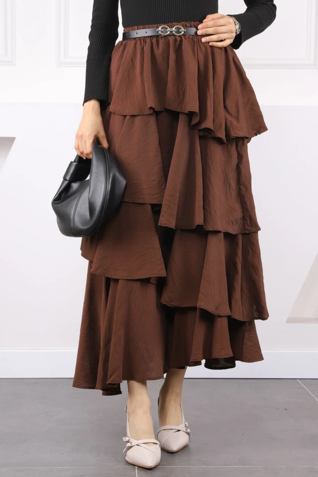 Kahverengi Bel Lastikli Fırfırlı Kemerli Etek