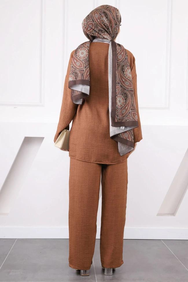 Kahverengi Çapraz Bağlamalı Keten Kimono Pantolon Takım