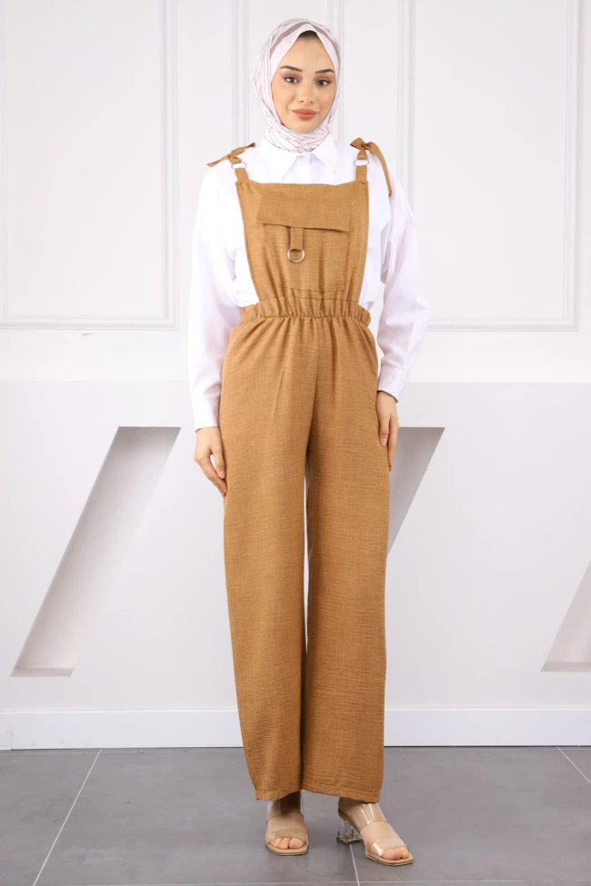 Kahverengi Cep Detaylı Keten Tulum