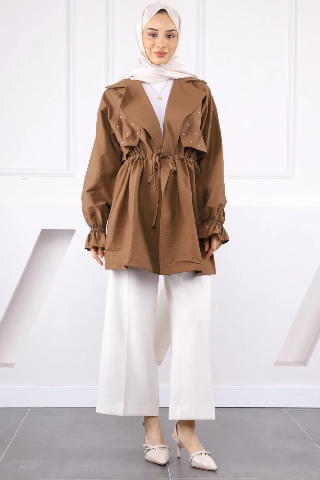 Kahverengi Kruvaze Yaka Önü Taşlı Ceket