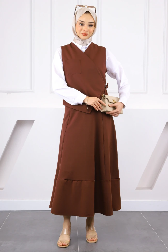Kahverengi Tek Cepli Yelek Etekli Takım