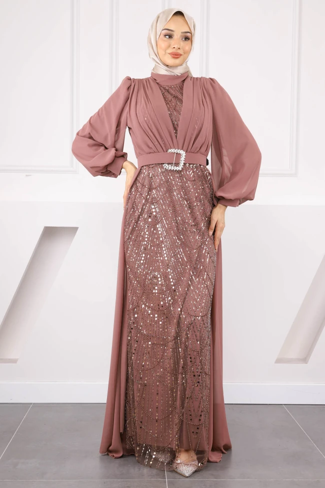 Koyuv Vizon Boncuklu Şifon Abiye