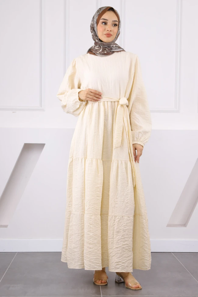 Krem Bel Kuşaklı Gofralı Fırfırlı Elbise