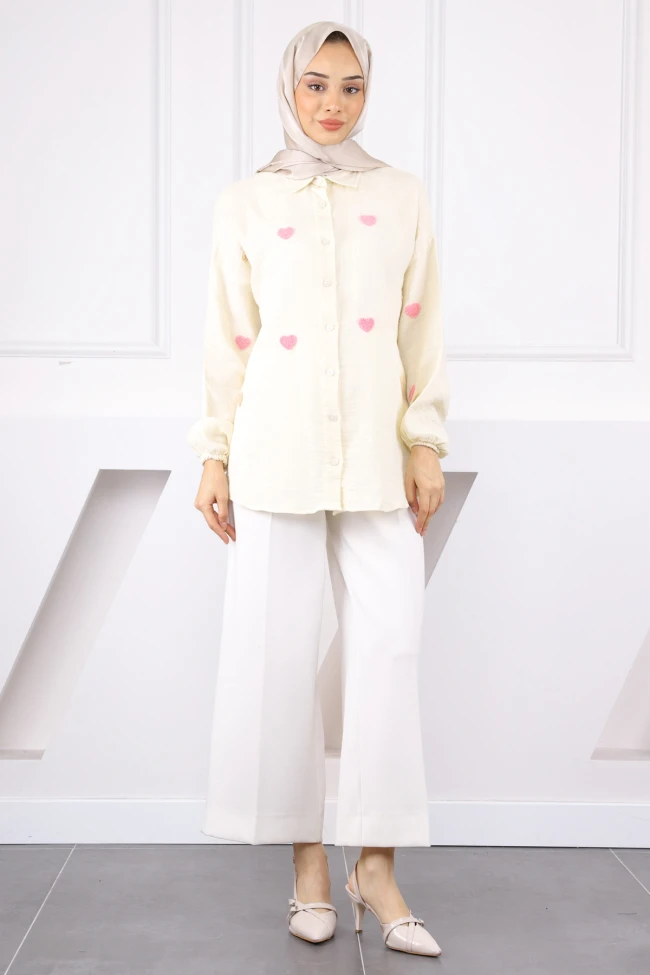 Krem Kalp Nakışlı Keten Gömlek
