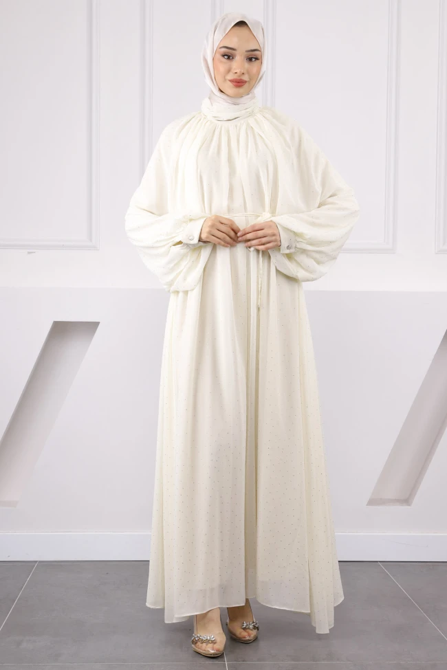 Krem Yaka Büzgülü Kuşaklı Şifon Abiye