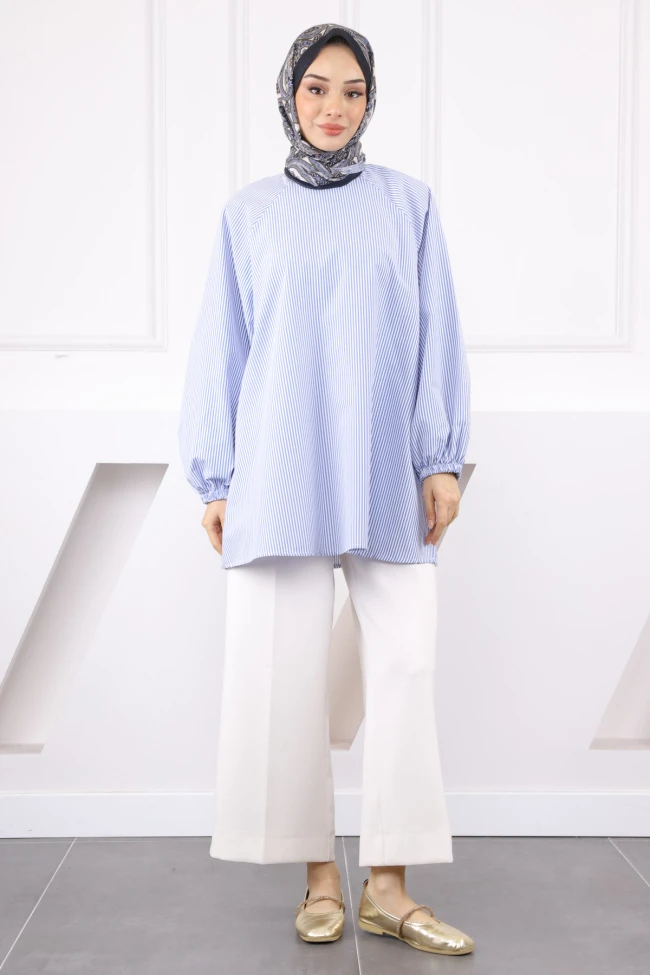 Lacivert Balon Kol Çizgili Tunik