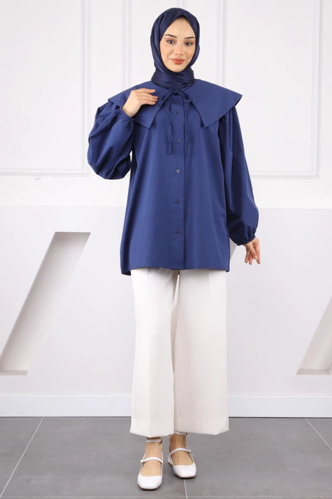 Lacivert Bebe Yaka Balon Kol Gömlek