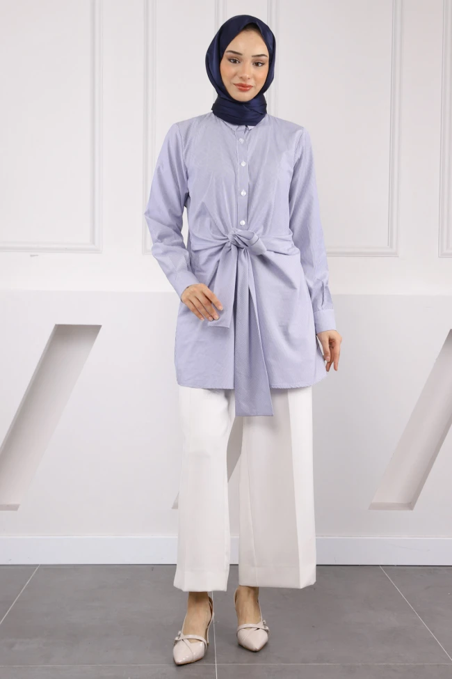 Lacivert Bel Bağlamalı Tunik