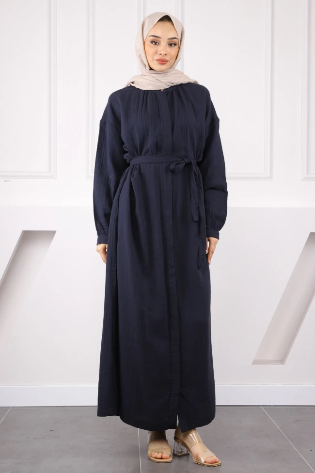 Lacivert Bel Kuşaklı Müslin Elbise