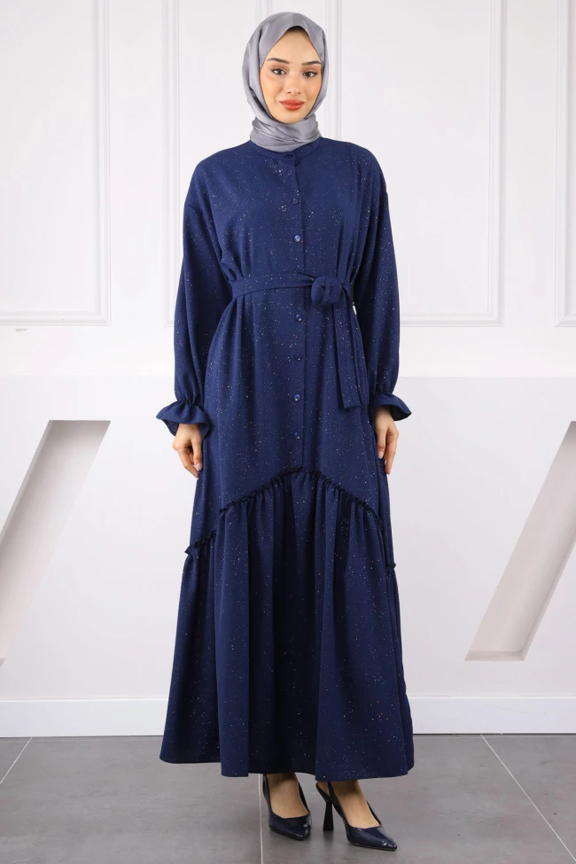 Lacivert Eteği Büzgülü Beli Kuşaklı Linda Elbise