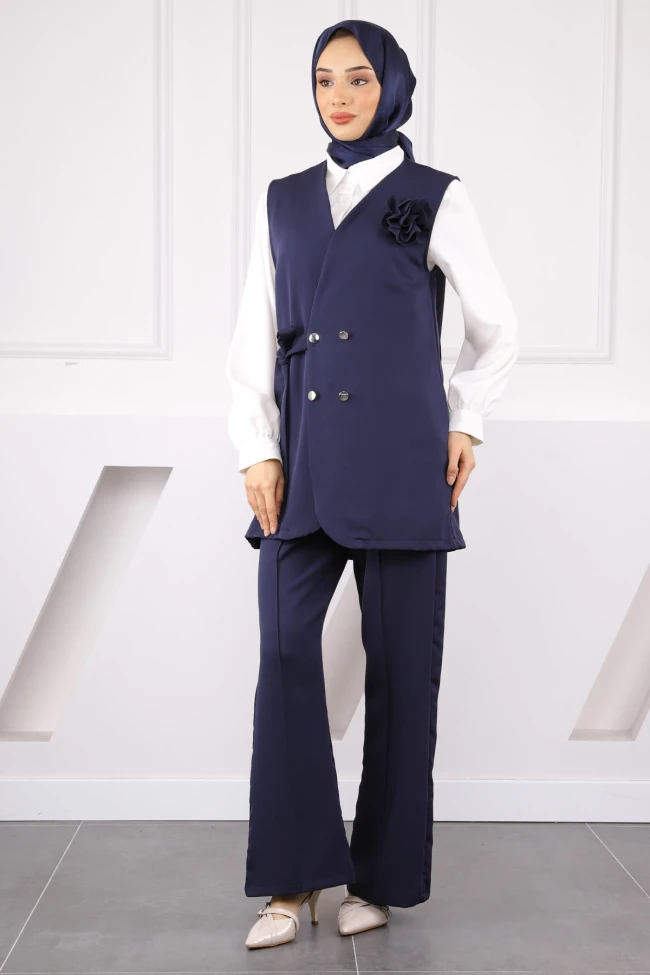 Lacivert Gömlek Yelek Pantolonlu Kombin Takım