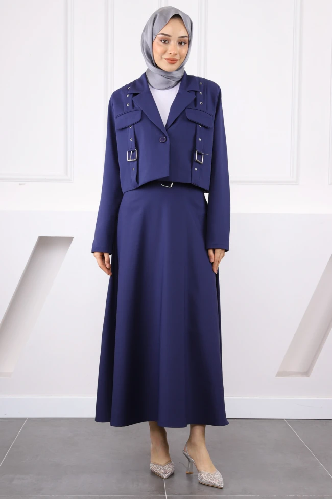 Lacivert Kemer Detaylı Ceket Etekli Takım