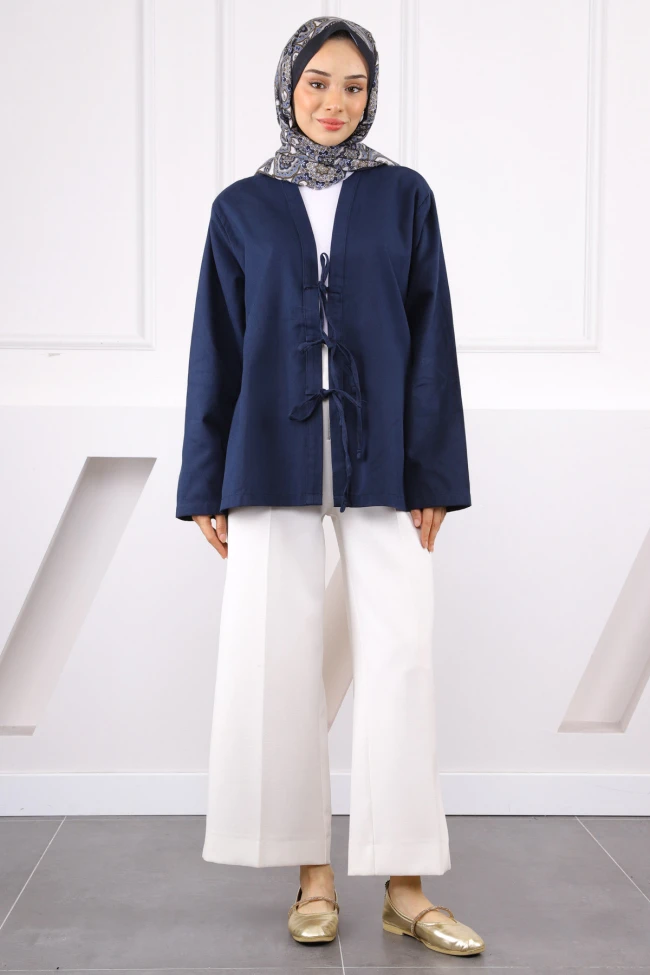 Lacivert Ön Bağlamalı Kimono