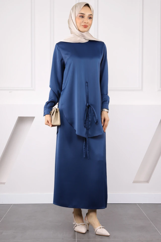 Lacivert Önden Bağlamalı Tunik Etekli Saten Takım