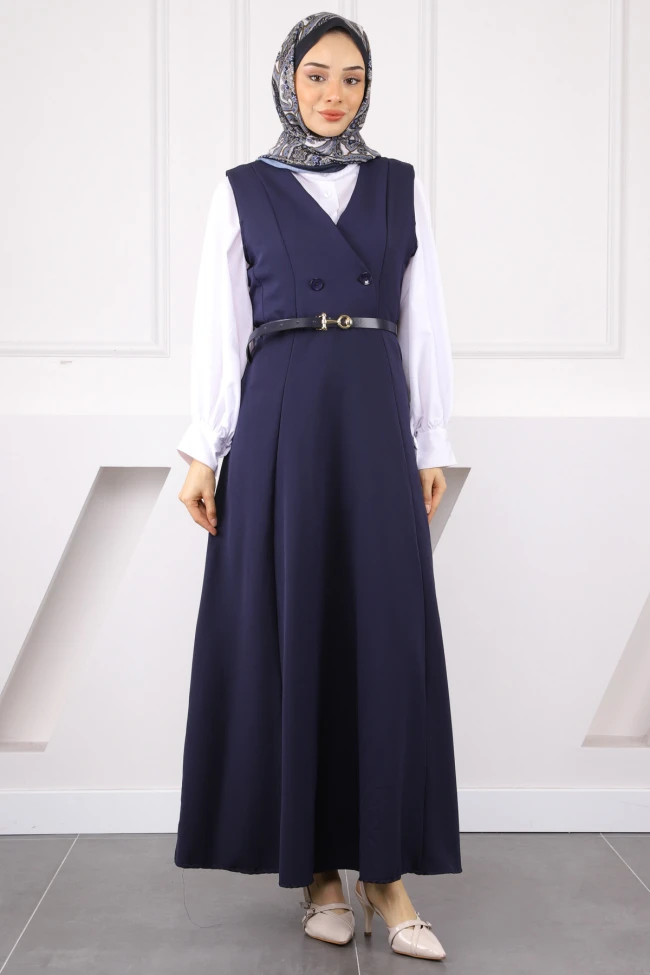 Lacivert Önü Düğmeli Kemerli Jile Elbise
