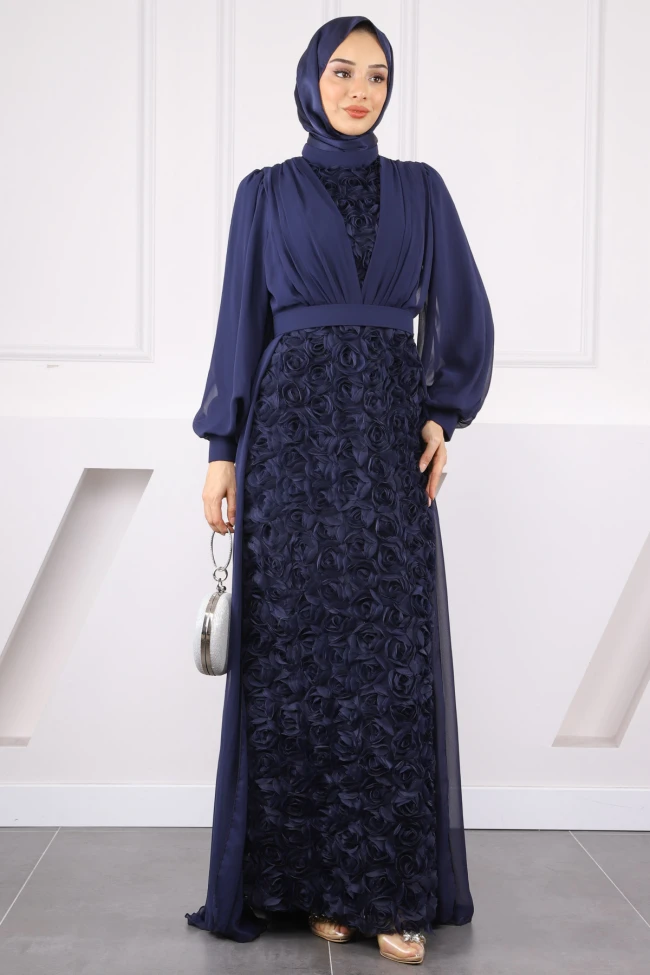 Lacivert Şifon Gül Garnili Abiye