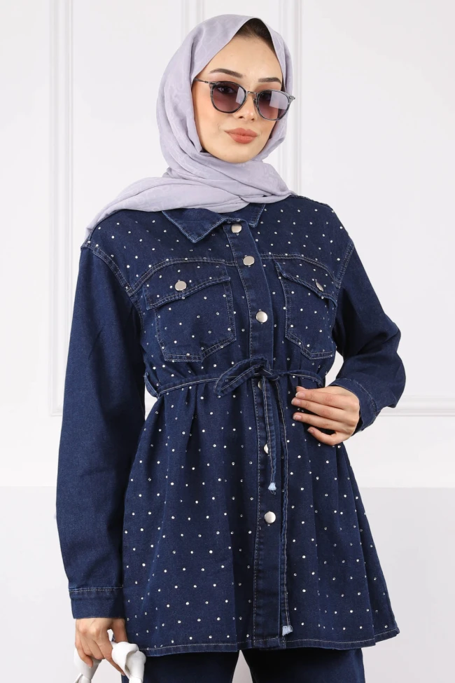 Lacivert Taşlı Ceket Pantolonlu Takım