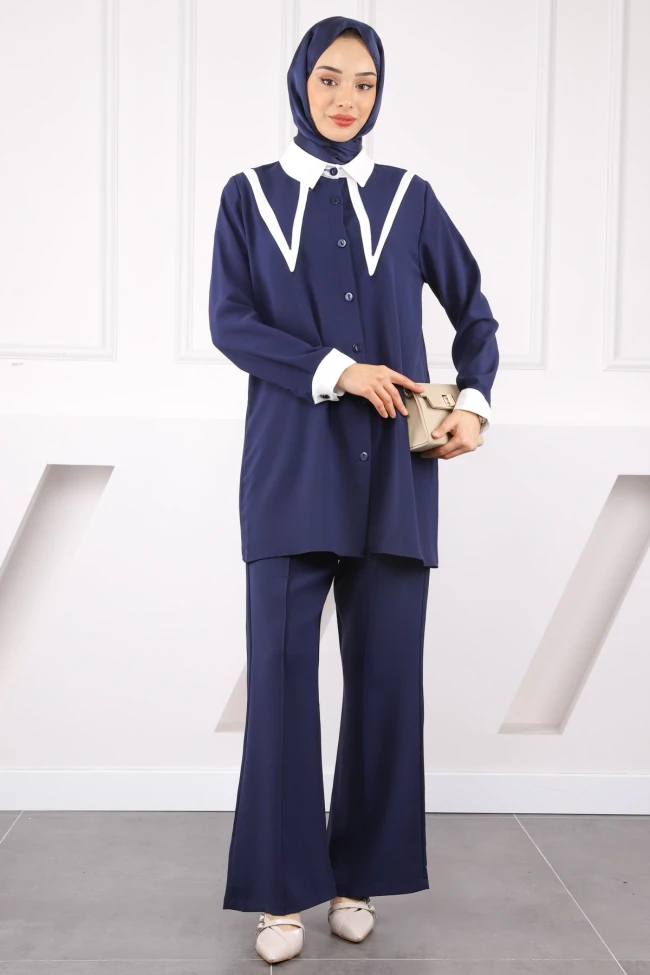 Lacivert Yaka Detaylı Tunik Pantolonlu Takım