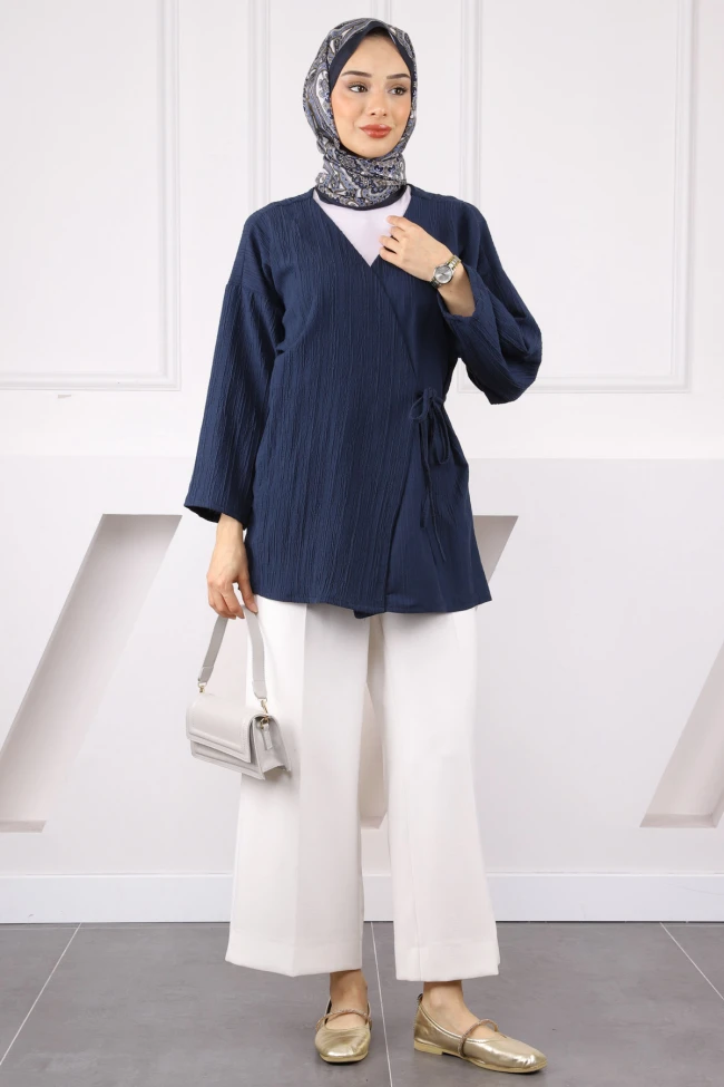 Lacivert Yan Bağlamalı Kimono