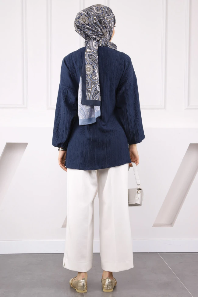 Lacivert Yan Bağlamalı Kimono