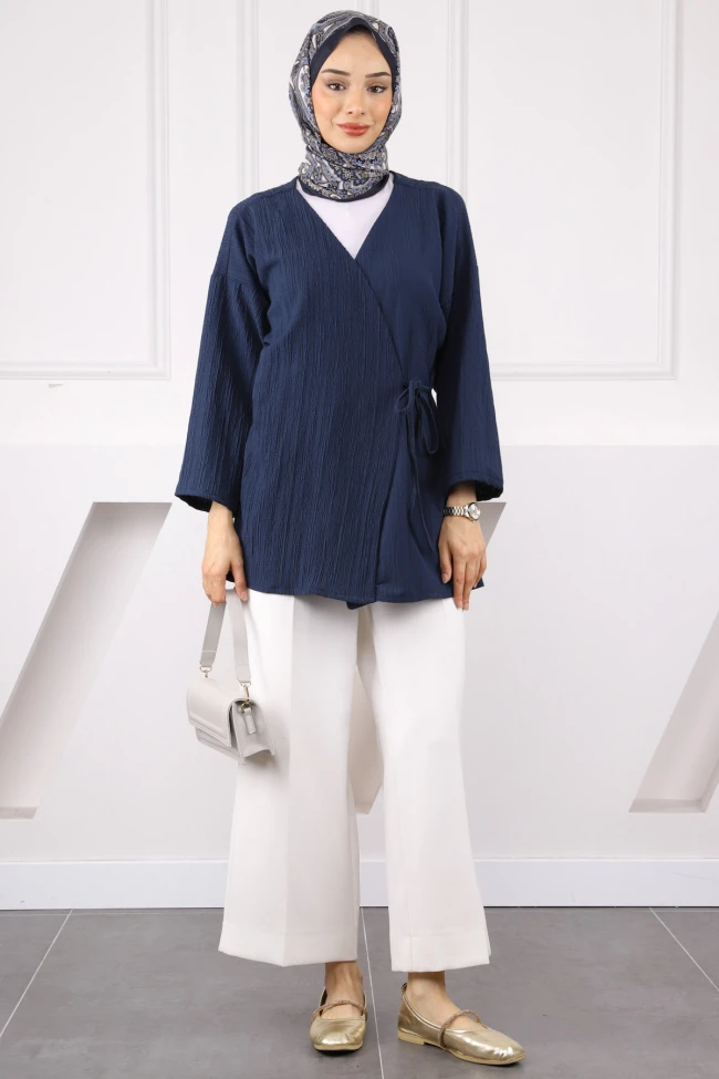 Lacivert Yan Bağlamalı Kimono