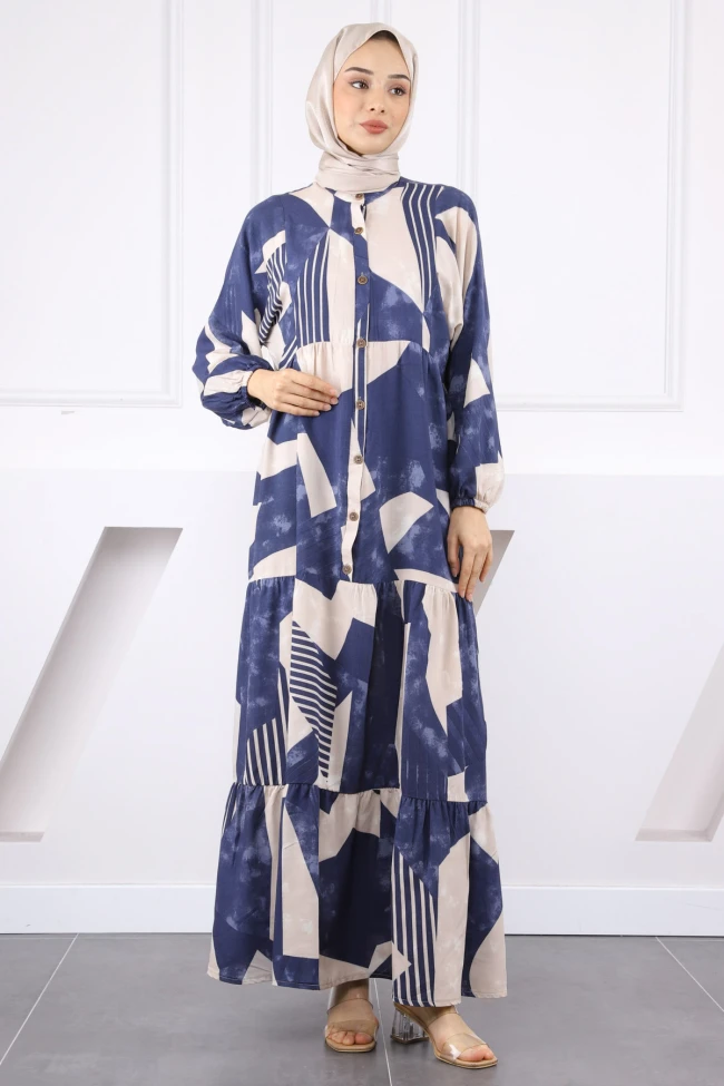 Lacivert Yarım Düğmeli Eteği Katlı Elbise