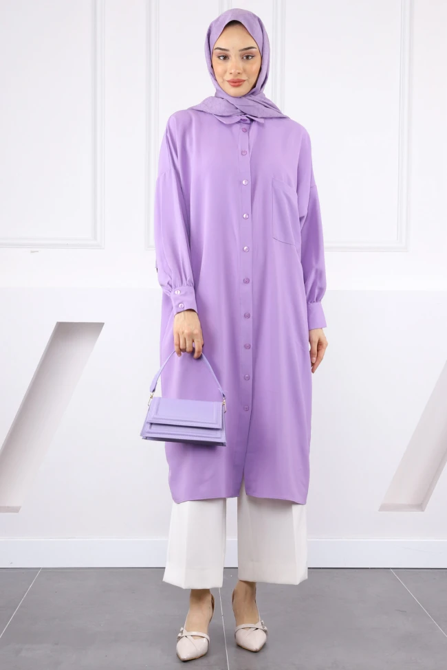 Lila Düğmeli Cepli Tunik