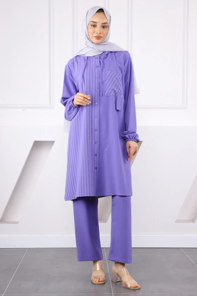 Lila Kapüşonlu Çizgili Tunik Pantolonlu Takım