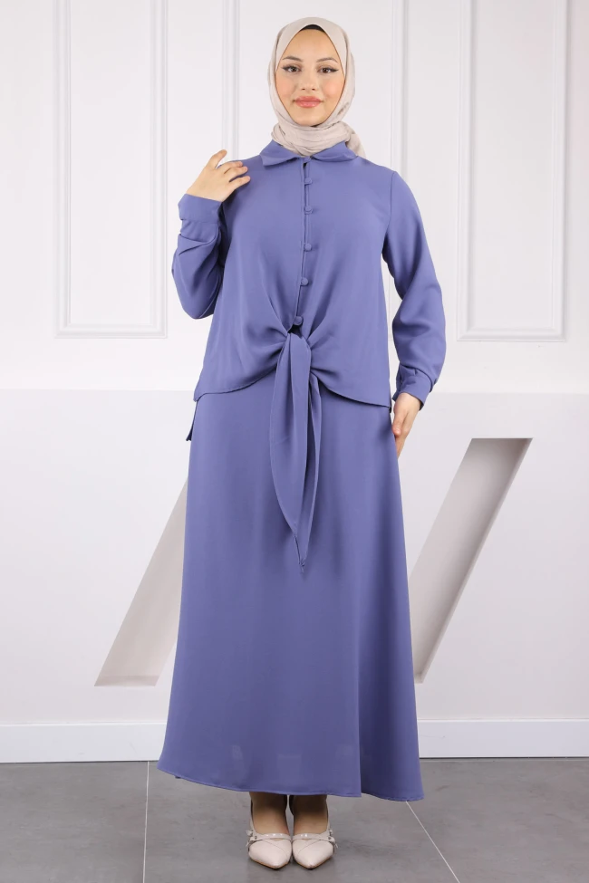 Lila Ön Bağlamalı Gömlek Etekli Takım