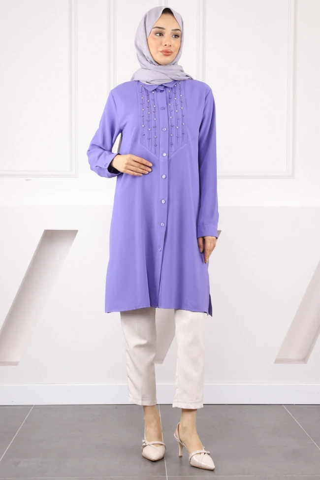 Lila Önü Taş Detaylı Linda Tunik