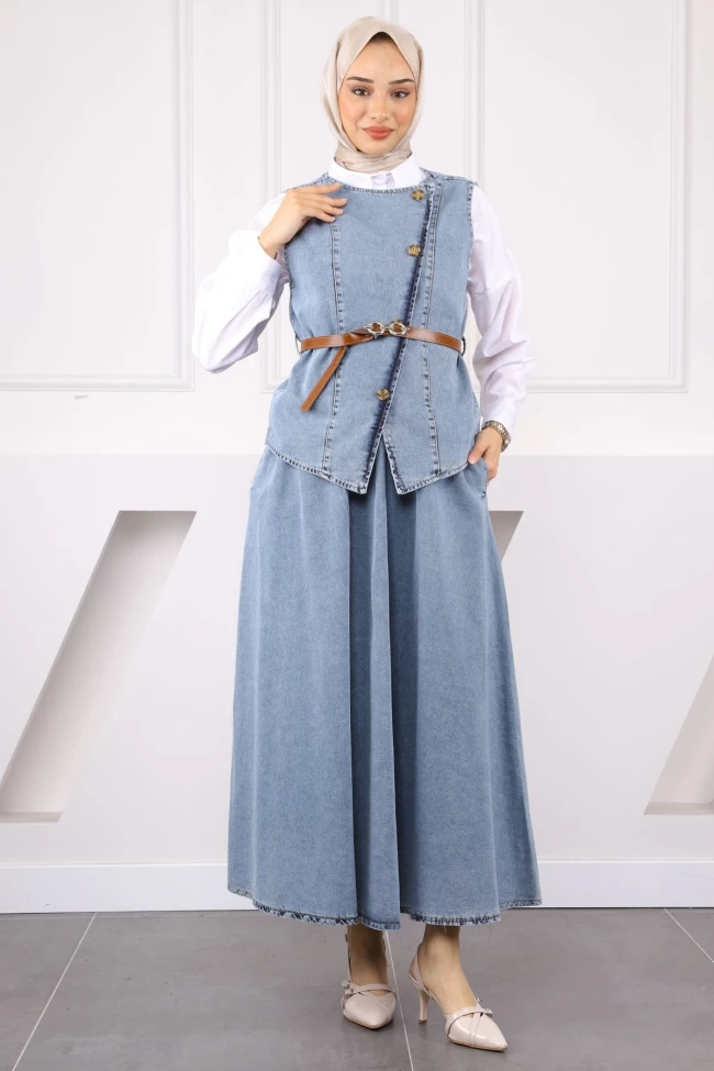 Mavi Bel Kemerli Yelek Etekli Kot Takım