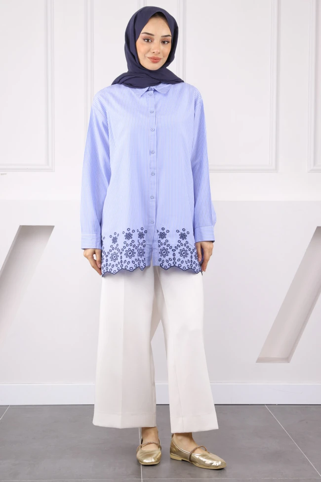 Mavi Etek Ucu Nakış İşlemeli Çizgili Gömlek