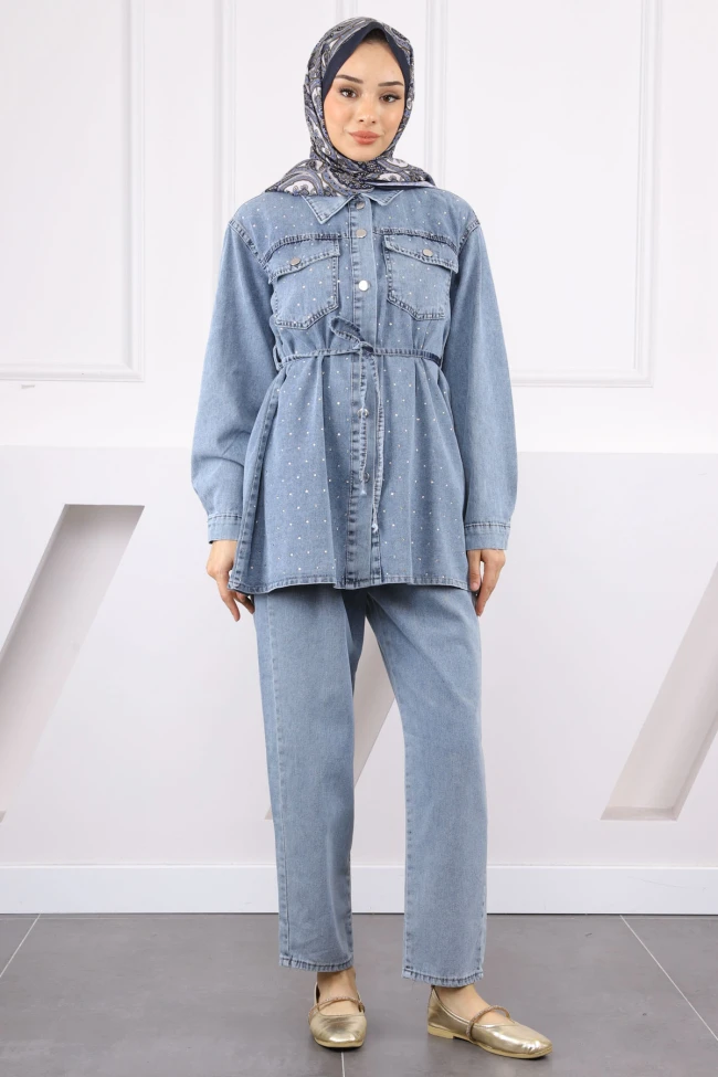 Mavi Taşlı Ceket Pantolonlu Takım