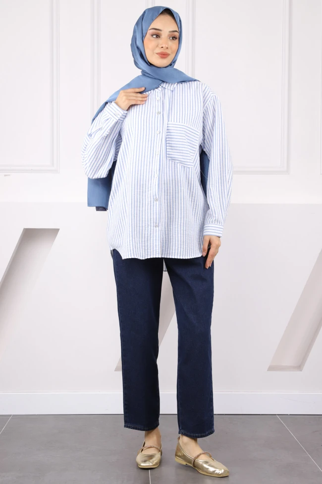 Mavi Tek Cepli Çizgili Gömlek