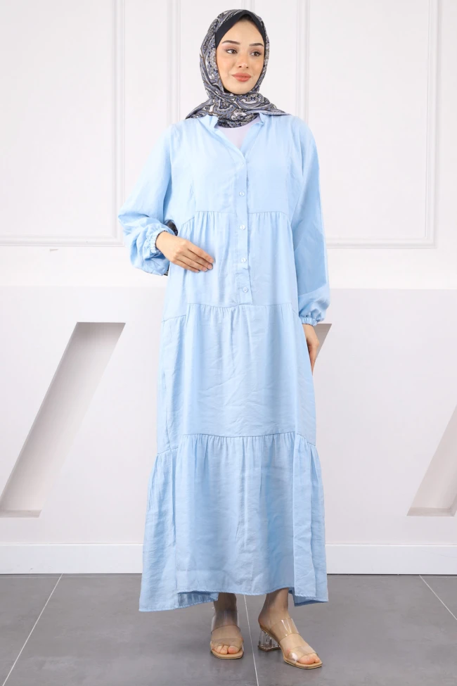 Mavi Yarım Düğmeli Modal Elbise