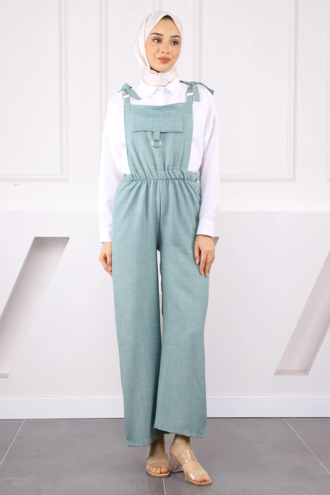 Mint Cep Detaylı Keten Tulum