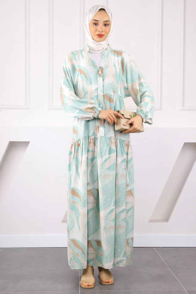 Mint Yarım Düğmeli Desenli Elbise