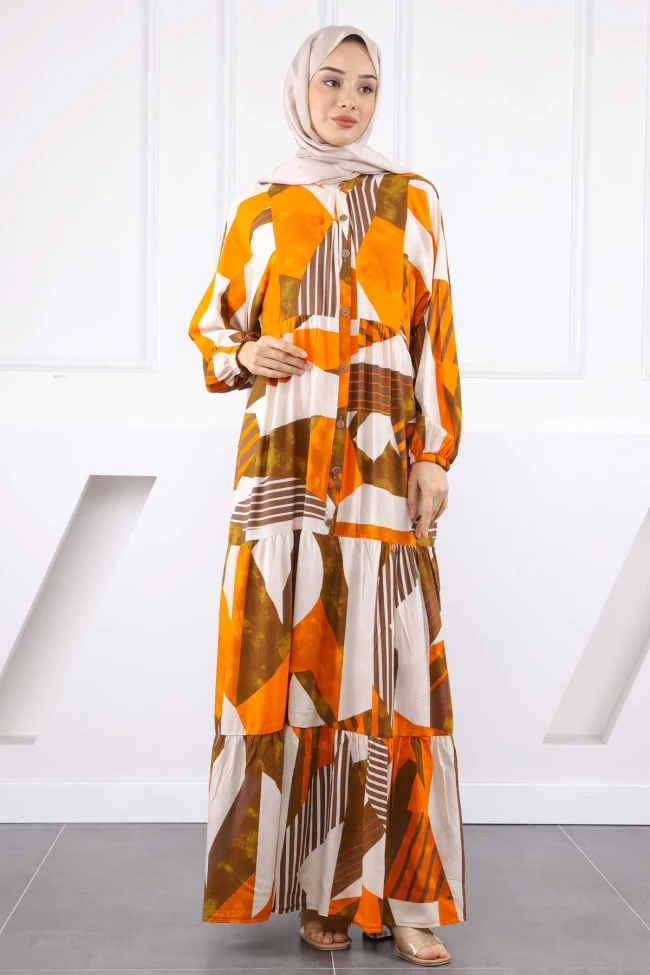 Oranj Yarım Düğmeli Eteği Katlı Elbise